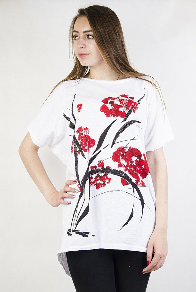 Biała, asymetryczna bluzka z czerwonymi akcentami