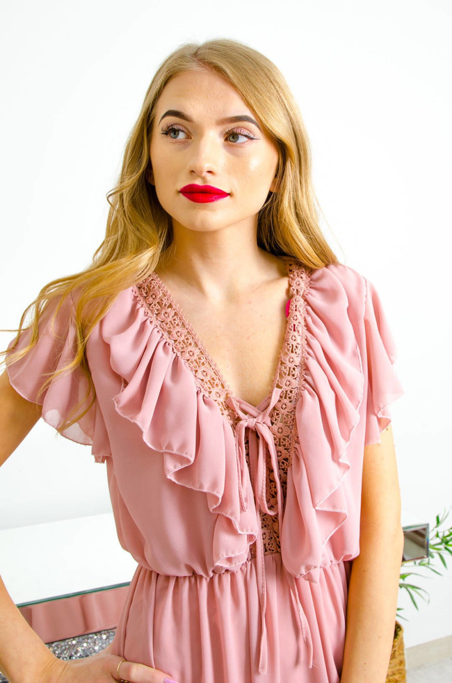 DŁUGA ELEGANCKA SUKIENKA MAXI Z ŻABOTEM - BRUDNY RÓŻ