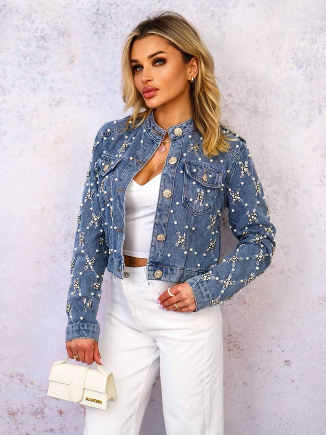 KURTKA JEANSOWA Z OZDOBNYMI PEREŁKAMI I CEKINAMI
