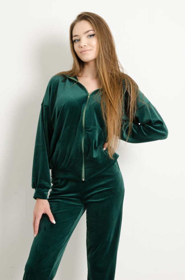 WELUROWY KOMPLET DRESOWY ROZPINANY Z KAPTUREM- ZIELONY