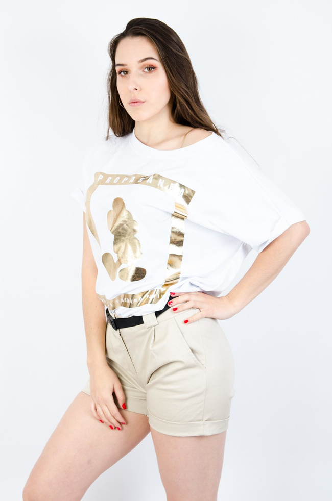 BIAŁY BAWEŁNIANY T-SHIRT ZE ZŁOTYM NADRUKIEM ORAZ WIĄZANIEM NA PLECACH 