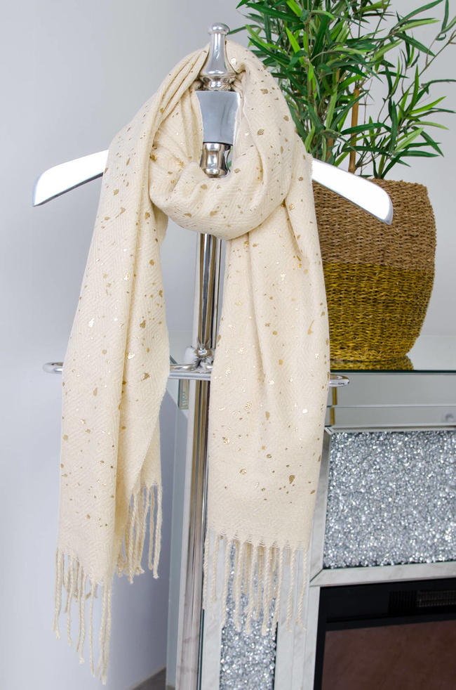 BEŻOWO-ZŁOTY SZAL Z FRĘDZLAMI 