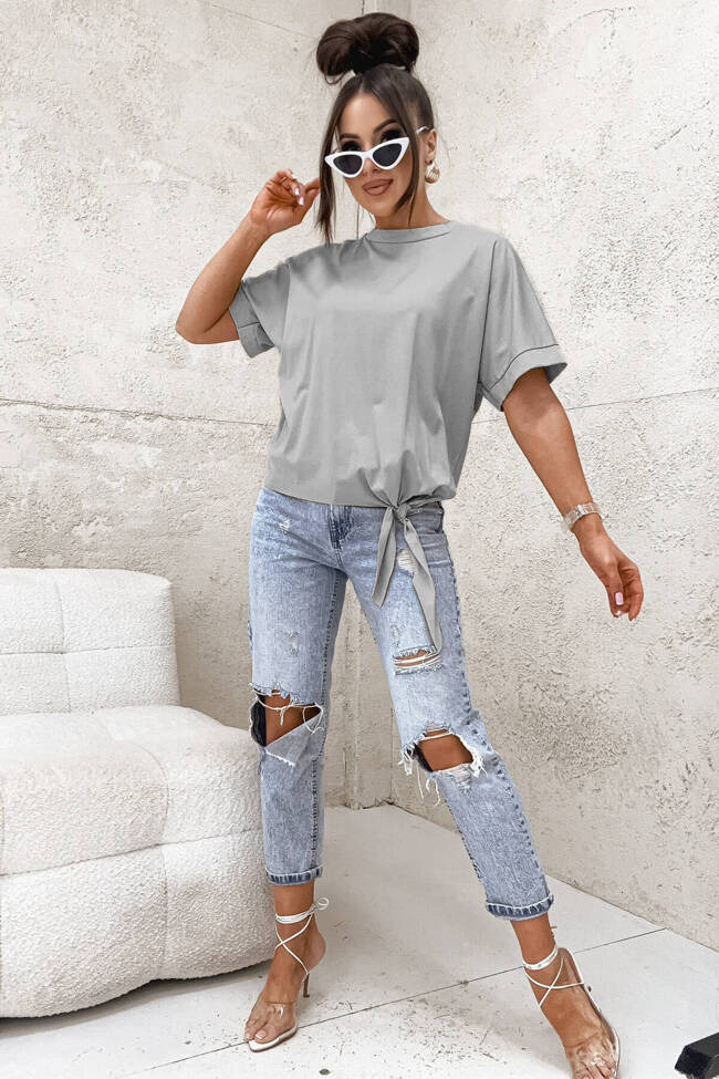 BLUZKA NA KRÓTKI RĘKAW WIĄZANA NA BOKU- SZARA