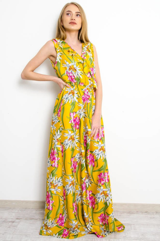 ŻÓŁTA SUKIENKA MAXI W KWIATY Z FALBANKĄ W DEKOLCIE