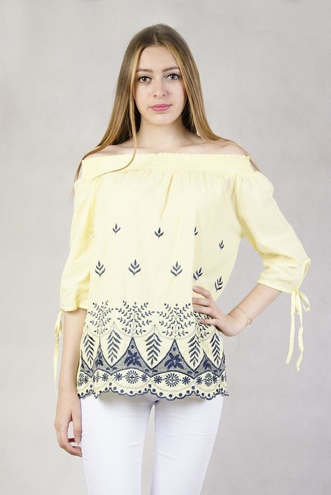 Żółta bluzka z granatowym haftem