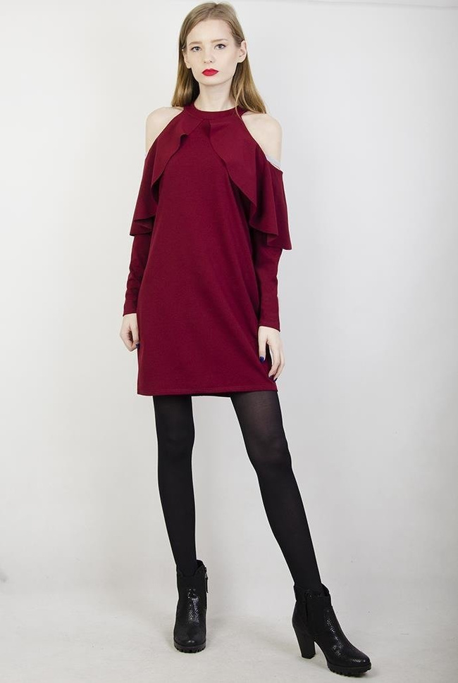 Bordowa sukienka z falbanami przy ramionach