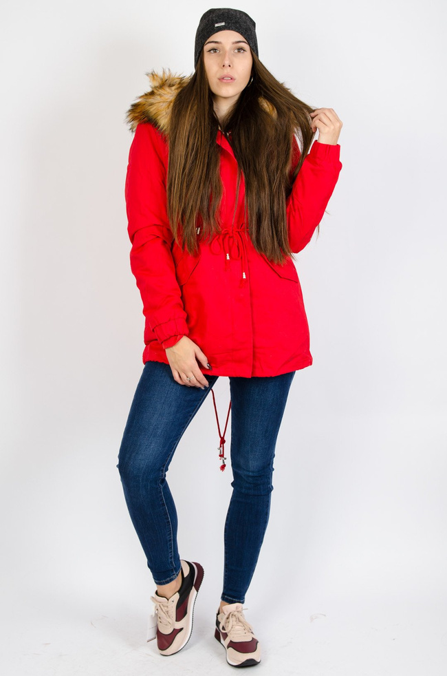 Czerwona kurtka parka z doczepianym futerkiem