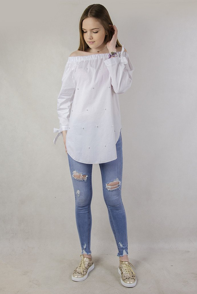 Biała bluzka a'la hiszpanka z koralikami