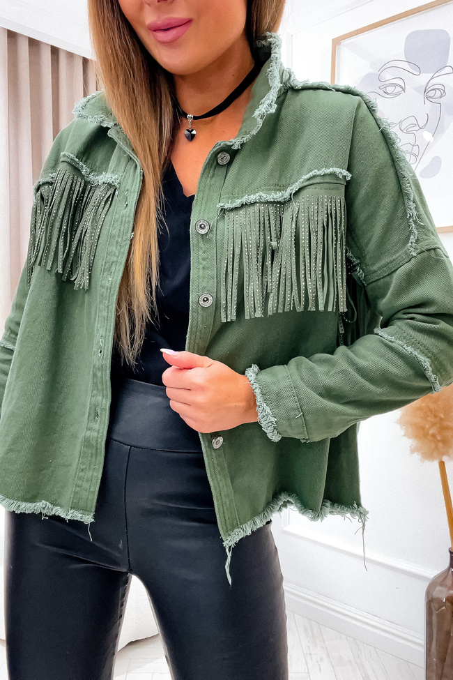 ZIELONA KURTKA JEANSOWA Z FRĘDZLAMI