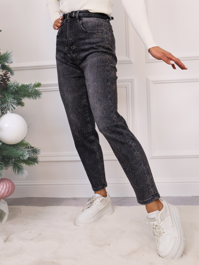 SPODNIE JEANSOWE MOM FIT ZDOBIONE CYRKONIAMI- SZARE