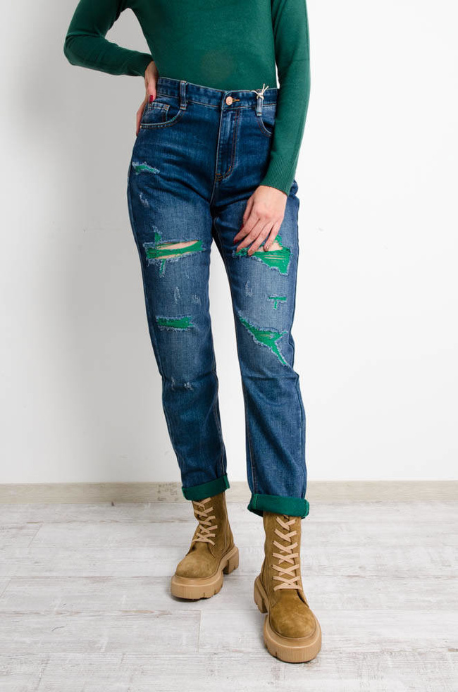 CIEMNE JEANSY MOM FIT Z ZIELONYMI PRZETARCIAMI