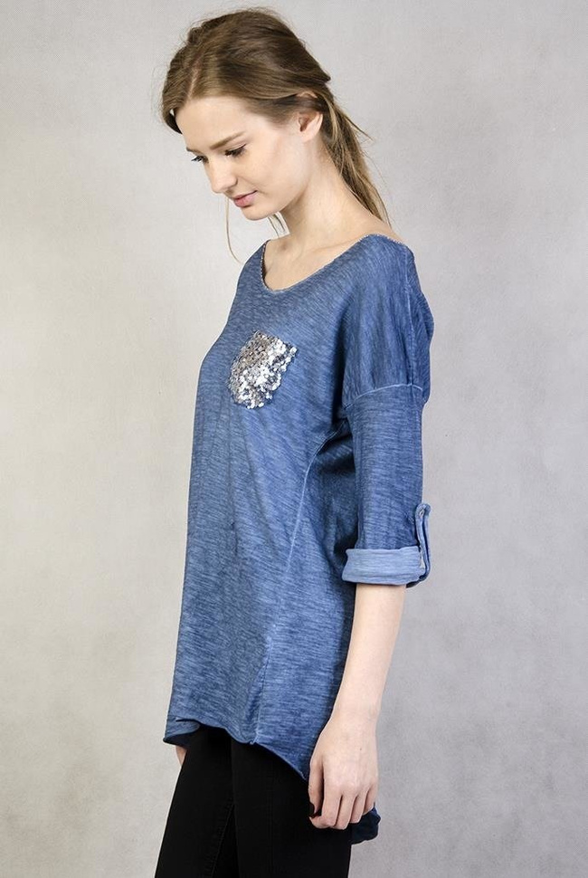 Asymetryczna niebieska bluzka z cekinami