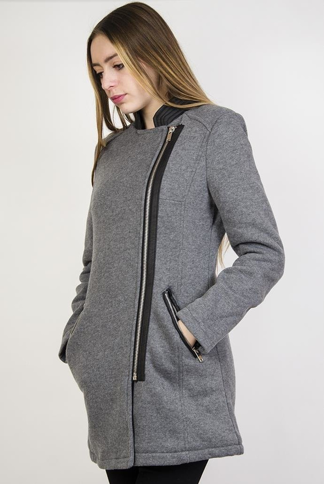 Ciemno-szary płaszcz wiosenny ze skórkowymi wstawkami