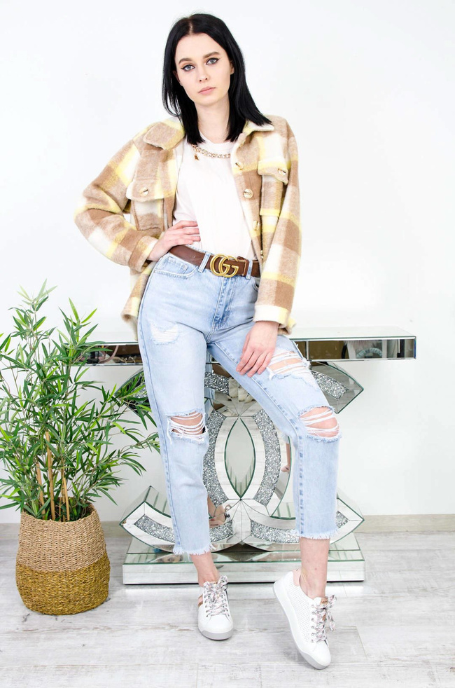 ŻÓŁTY PŁASZCZ KOSZULA W KRATĘ