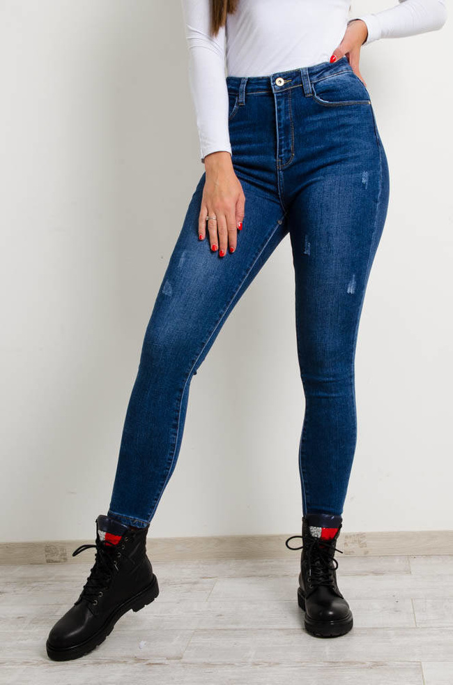 CIEMNE SPODNIE JEANSOWE Z PRZETARCIAMI-WYSOKI STAN