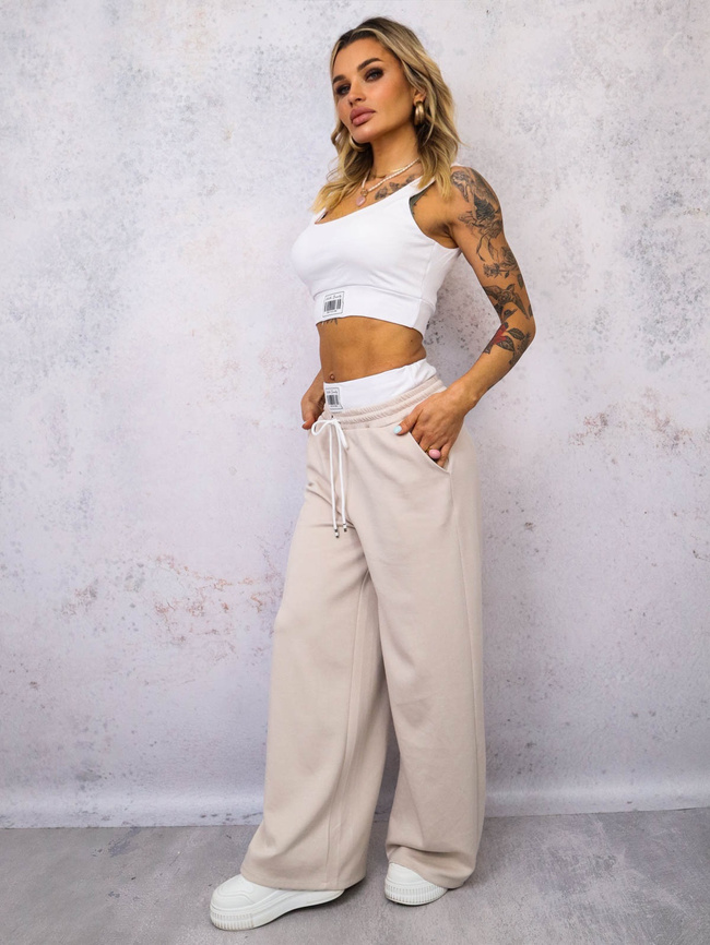 KOMPLET DRESOWY TOP Z NASZYWKĄ+ SPODNIE Z KONTRASTOWYM PASEM- BEŻOWY