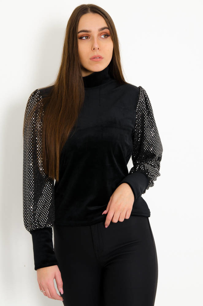 CZARNA BLUZKA Z CEKINOWYMI RĘKAWAMI 