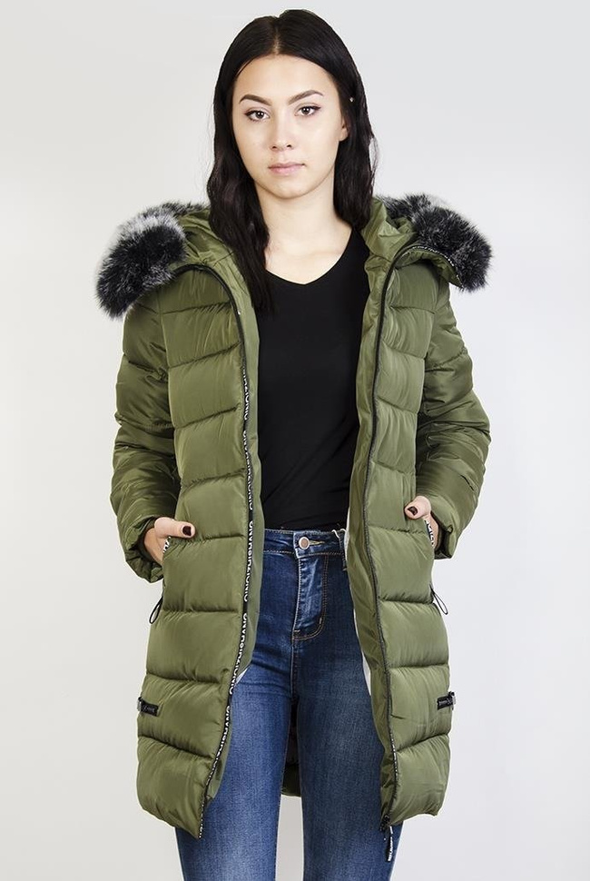 Zielona ocieplana, przedłużana kurtka z futerkiem przy kapturze