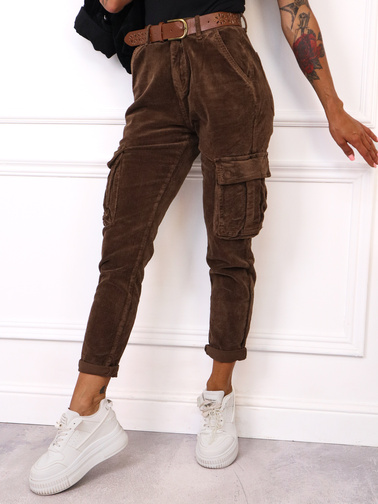 SPODNIE SZTRUKSOWE BOJÓWKI Z PASKIEM- BRĄZOWE