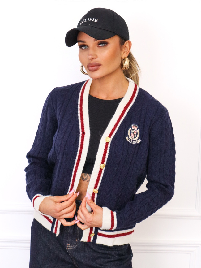 SWETER KARDIGAN Z WARKOCZOWYM SPLOTEM ZAPINANY NA GUZIKI- GRANATOWY