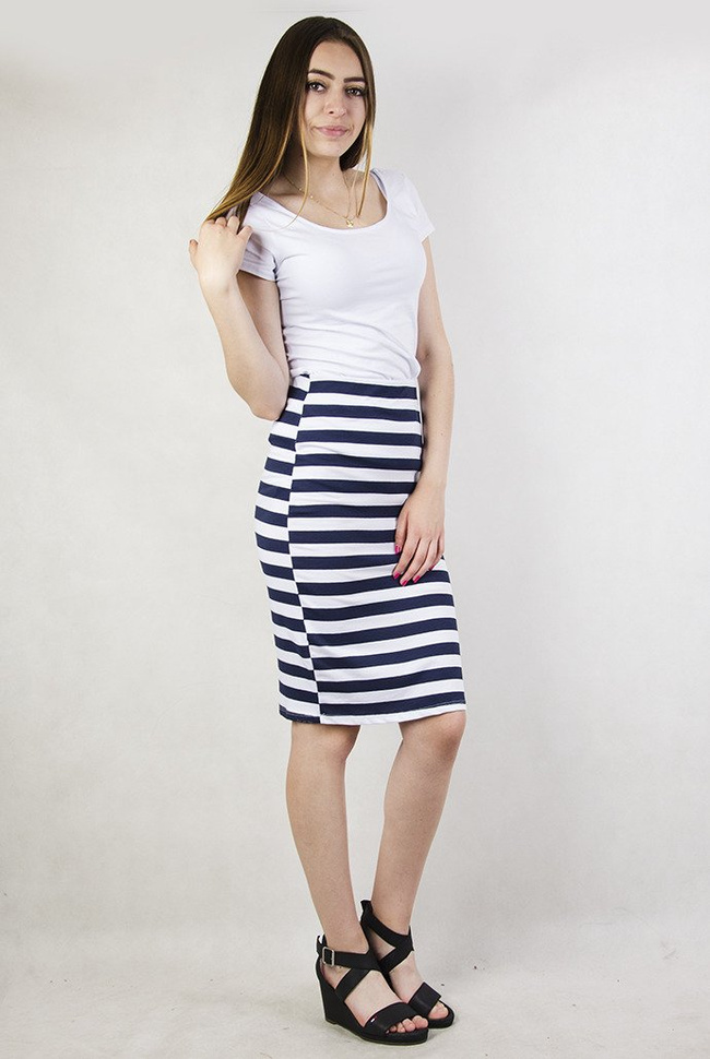 Biało-granatowa spódnica w szerokie paski