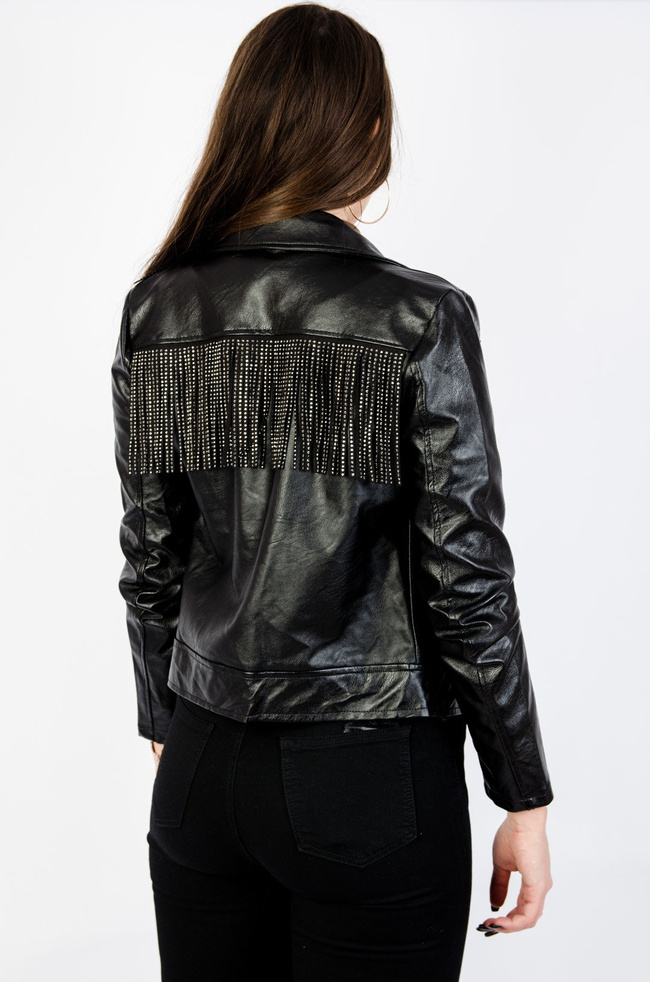 Czarna ramoneska z imitacji skóry z frędzlami