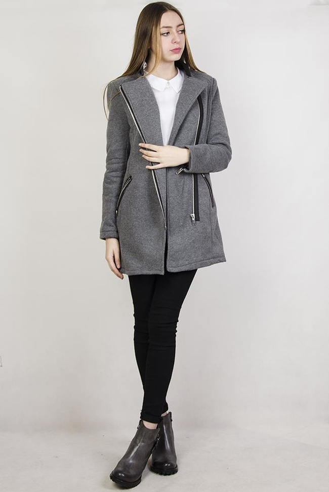 Ciemno-szary płaszcz wiosenny ze skórkowymi wstawkami
