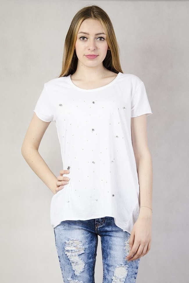 Biała bluzka z ozdobnymi perełkami