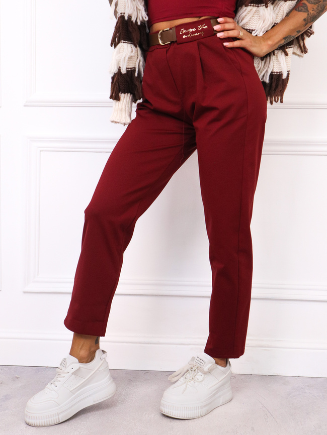 SPODNIE MATERIAŁOWE Z NASZYWKĄ+ PASEK- BORDOWE