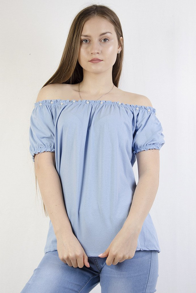 Niebieska bluzka hiszpanka z perełkami