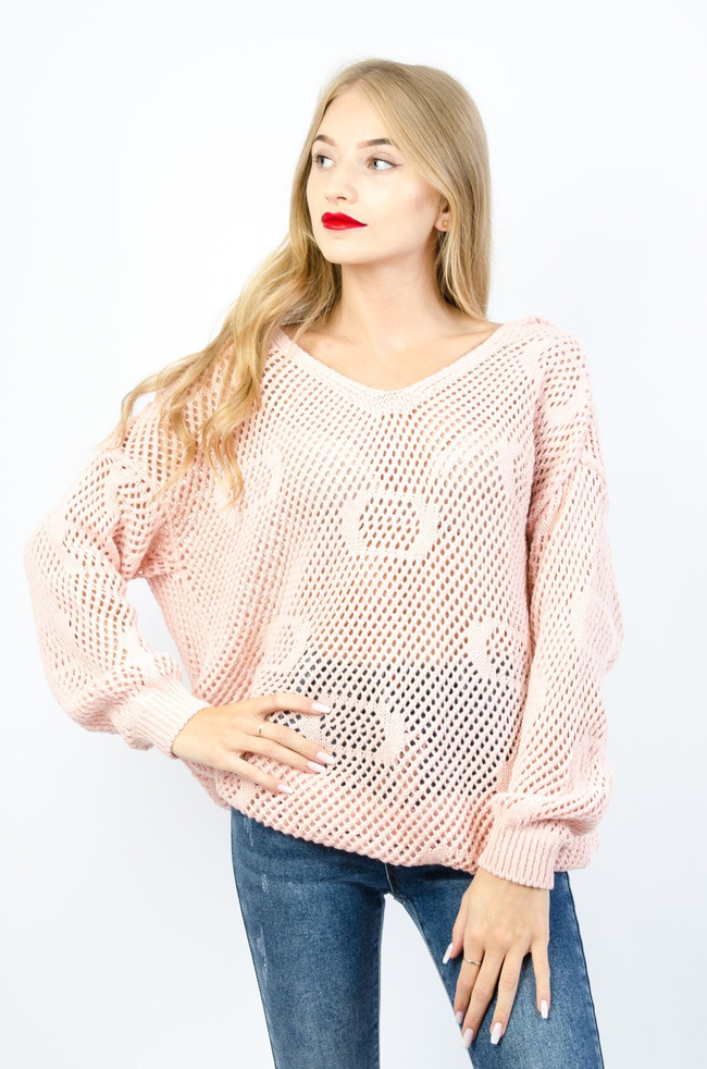 RÓŻOWY AŻUROWY SWETER Z KAPTUREM