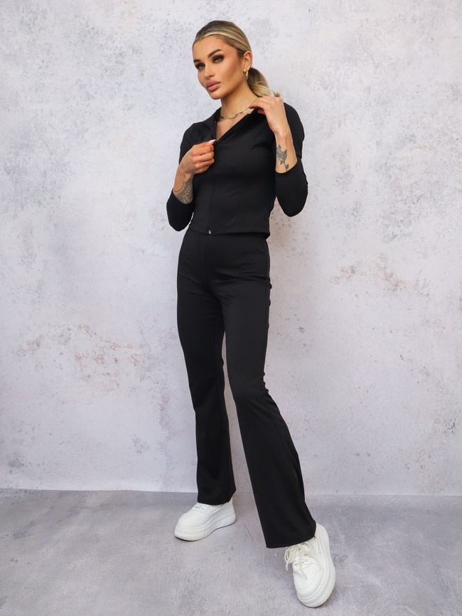 KOMPLET BLUZA ZAPINANA NA ZAMEK+ SPODNIE DZWONY- CZARNY