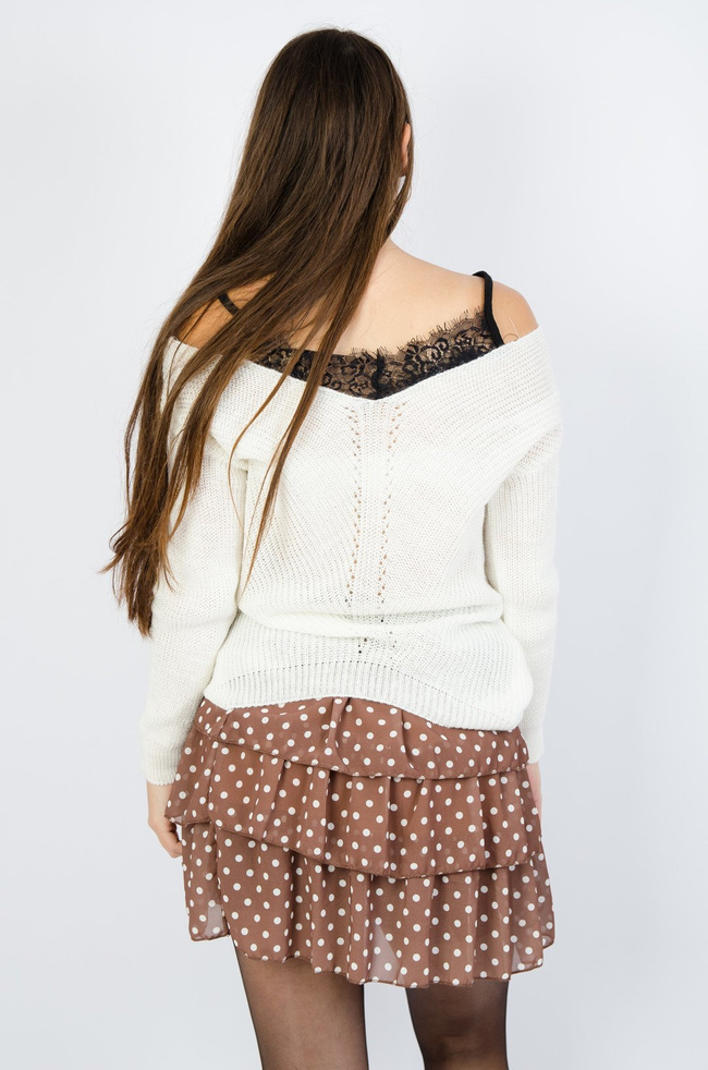 KREMOWY DŁUGI SWETER Z KORONKĄ