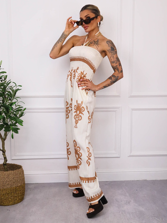 KOMBINEZON WZORZYSTY BEZ RAMIĄCZEK- BEŻOWY