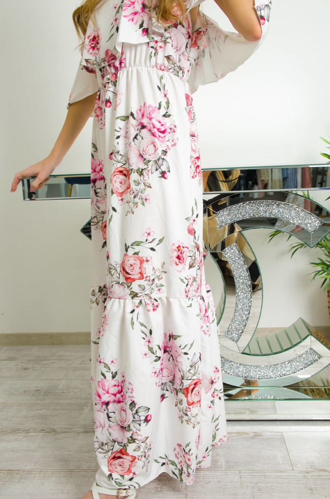 DŁUGA BIAŁA SUKIENKA W KWIATY NA CIENKICH RAMIĄCZKACH MAXI