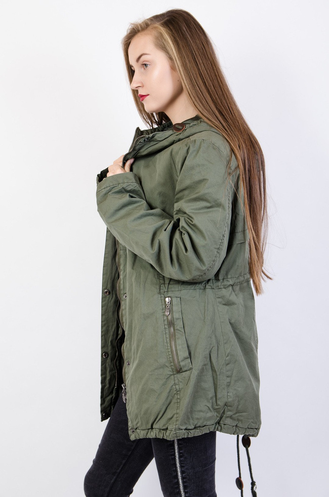 Zielona, asymetryczna kurtka parka