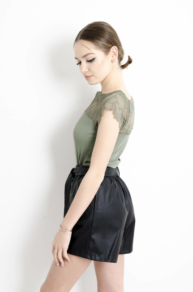 BLUZKA PRĄŻKOWANA Z KORONKĄ - KHAKI