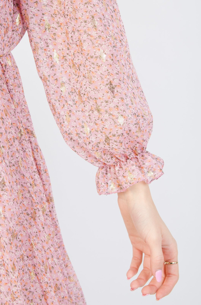 RÓŻOWA SUKIENKA W KWIATY Z PLISOWANYM DOŁEM