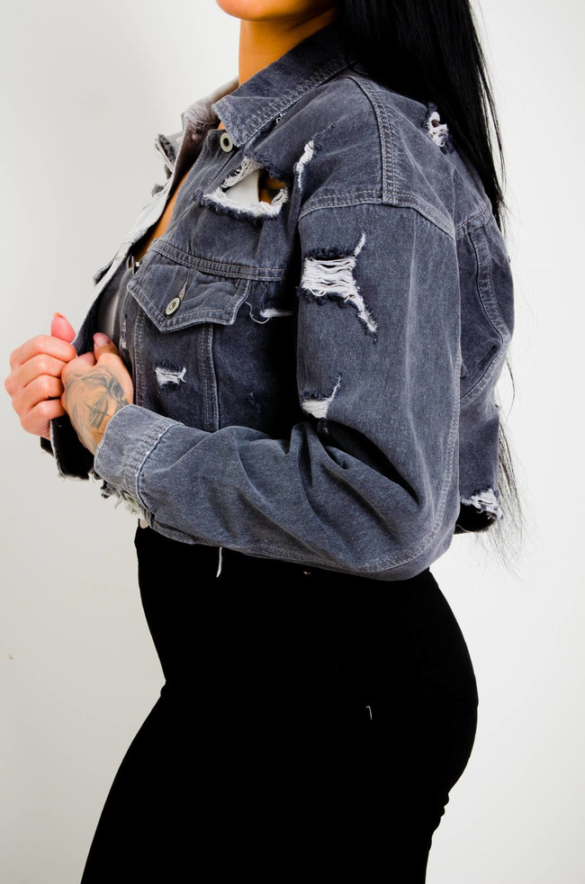 KURTKA JEANSOWA DWUKOLOROWA SZARA Z DZIURAMI