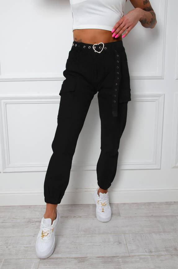 SPODNIE JEANSOWE MOM FIT BOJÓWKI + PASEK - CZARNE