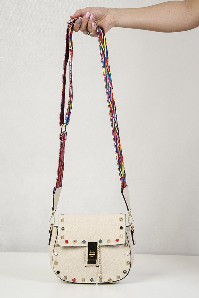 Beżowa torebka z kolorowym paskiem