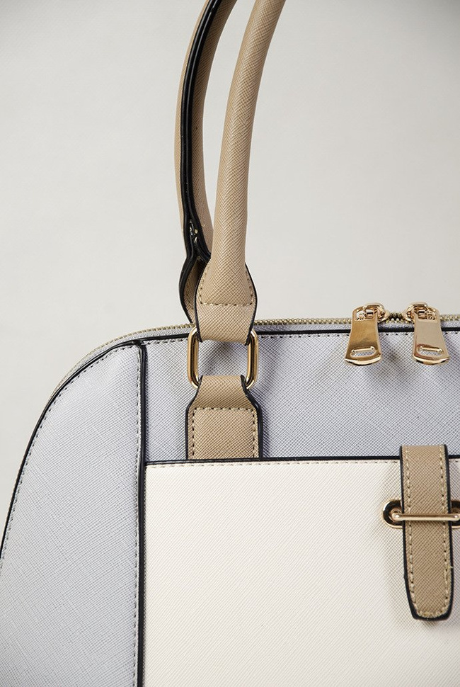 Torebka szaro beżowa z brązową rączką typu shopper