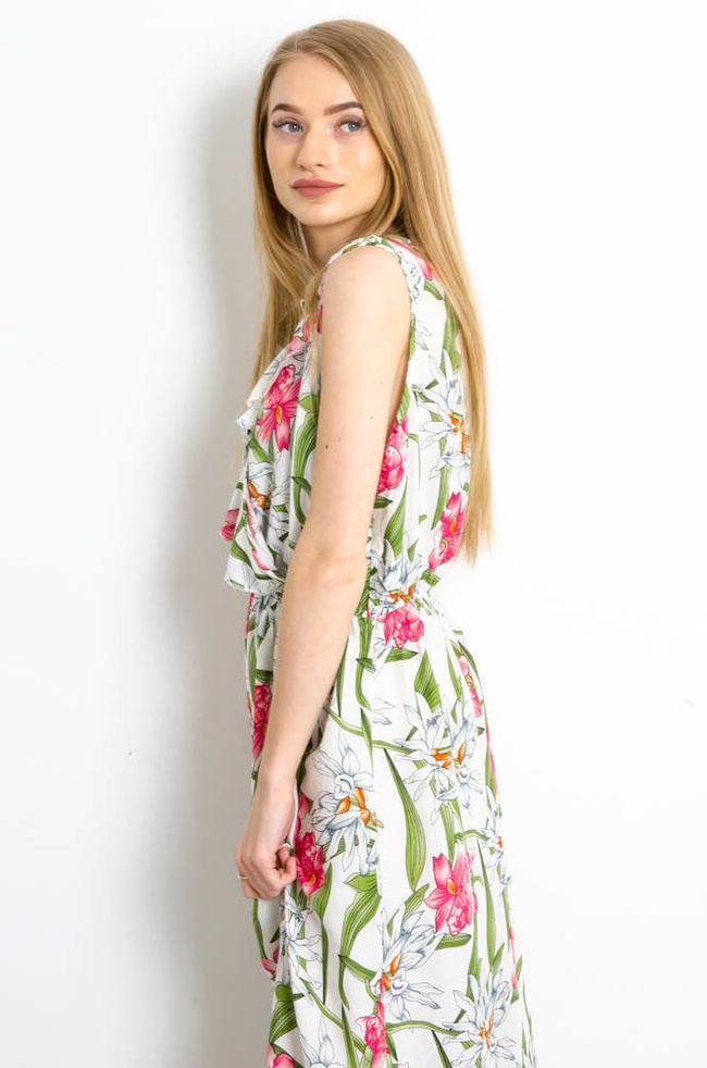 BIAŁA SUKIENKA MAXI W KWIATY Z FALBANKĄ W DEKOLCIE