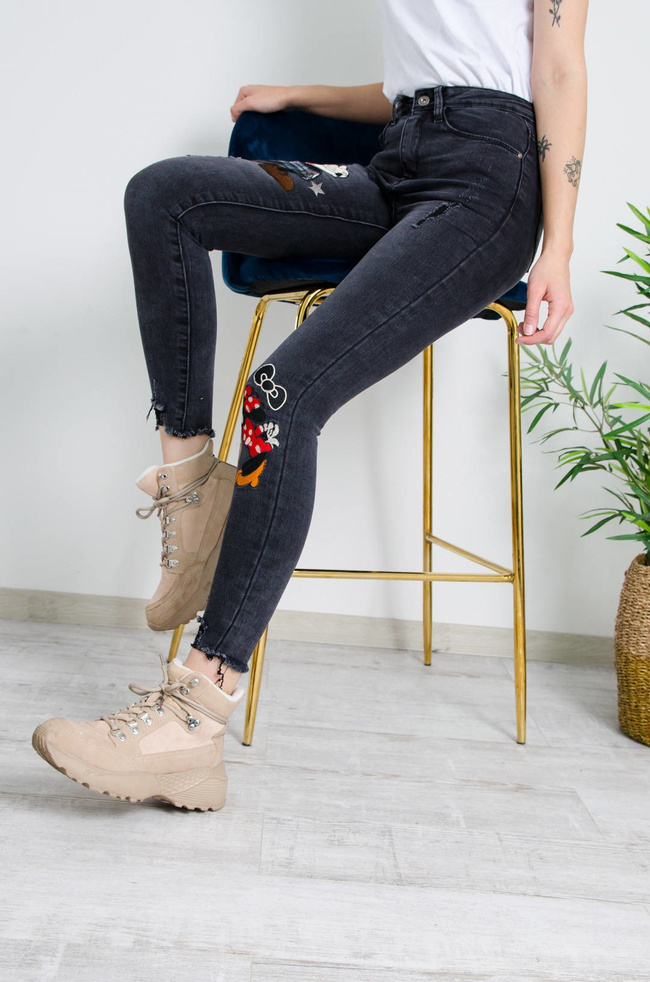 CIEMNO-SZARE SPODNIE JEANSOWE Z NASZYWKĄ MYSZKI - WYSOKI STAN 