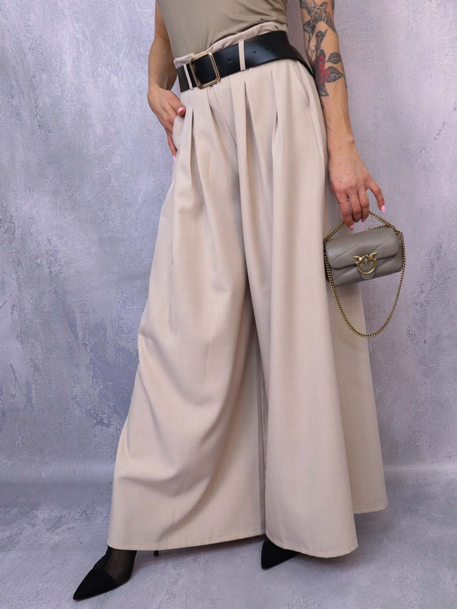 BEŻOWE ELEGANCKIE SPODNIE Z SZEROKIMI NOGAWKAMI+ PASEK
