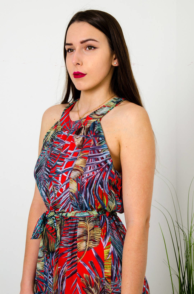 DŁUGA CZERWONO-ZIELONA SUKIENKA MAXI W KWIATOWY WZÓR 