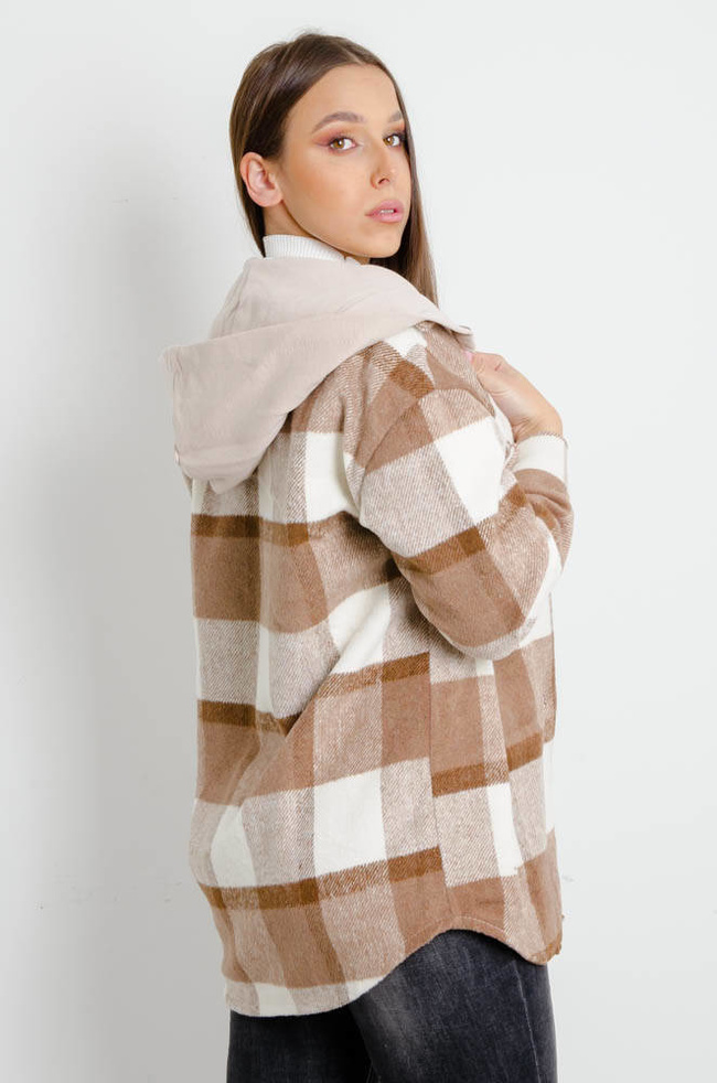 BRĄZOWA KURTKA KOSZULA W KRATĘ Z KAPTUREM