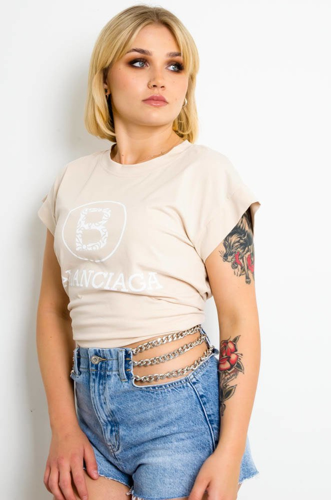 BEŻOWY T-SHIRT Z NAPISEM BALANCIAGA