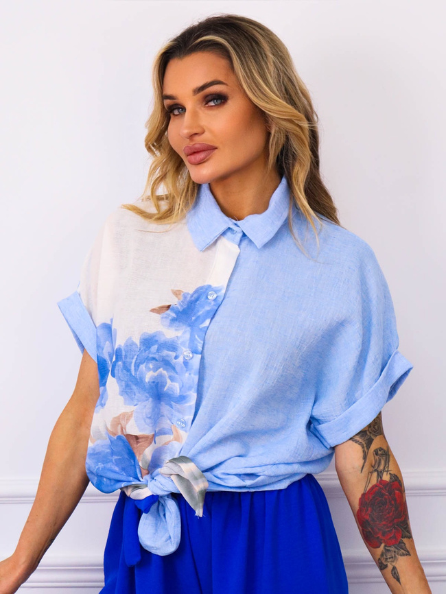 KOSZULA OVERSIZE Z KWIECISTYM NADRUKIEM- NIEBIESKA