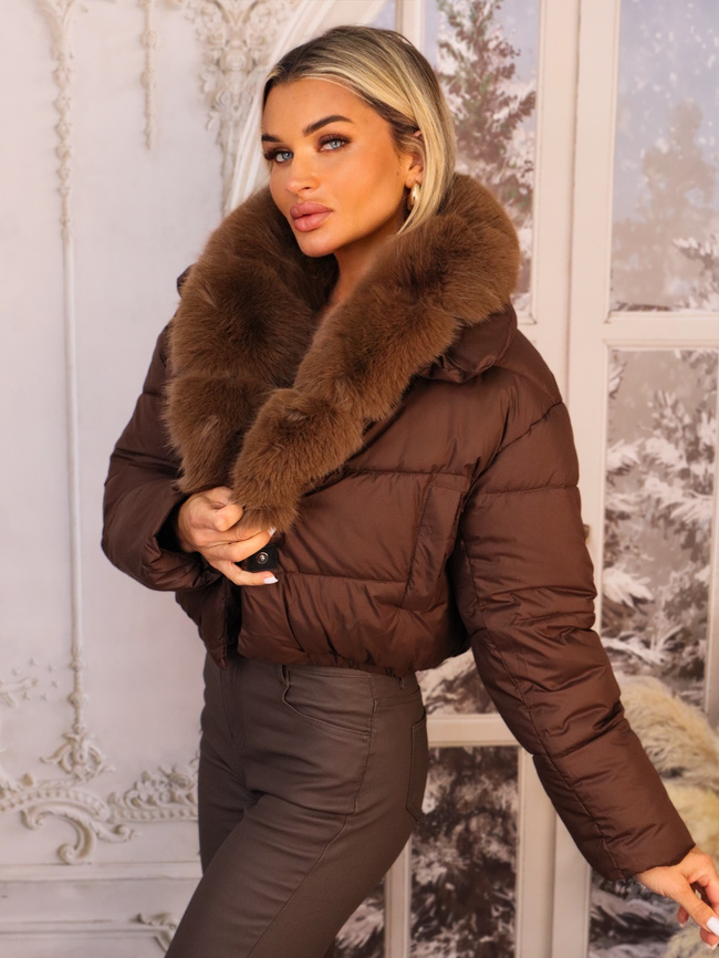 KURTKA Z FUTERKIEM ZAPINANA NA NAPY- CZEKOLADOWA